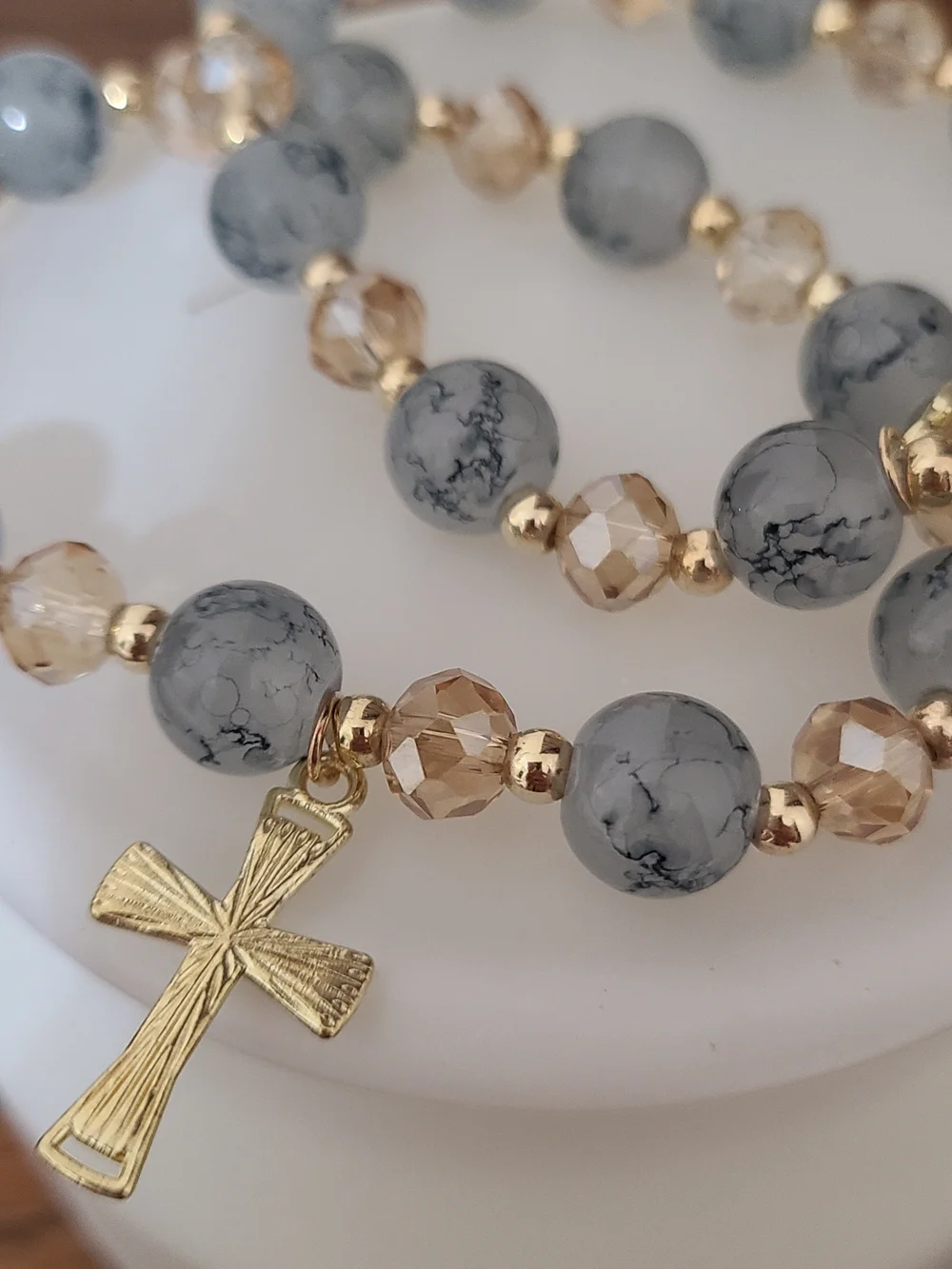 Glass Bracelets with Gray Marbling and accent Champagne Beads w/Gold Cross Charm - Picture 3 of 4